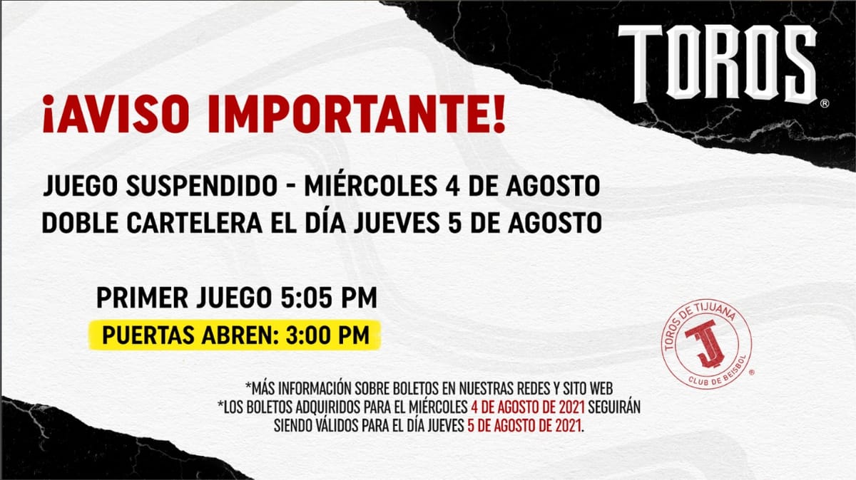 Se reprograma duelo de Toros de Tijuana